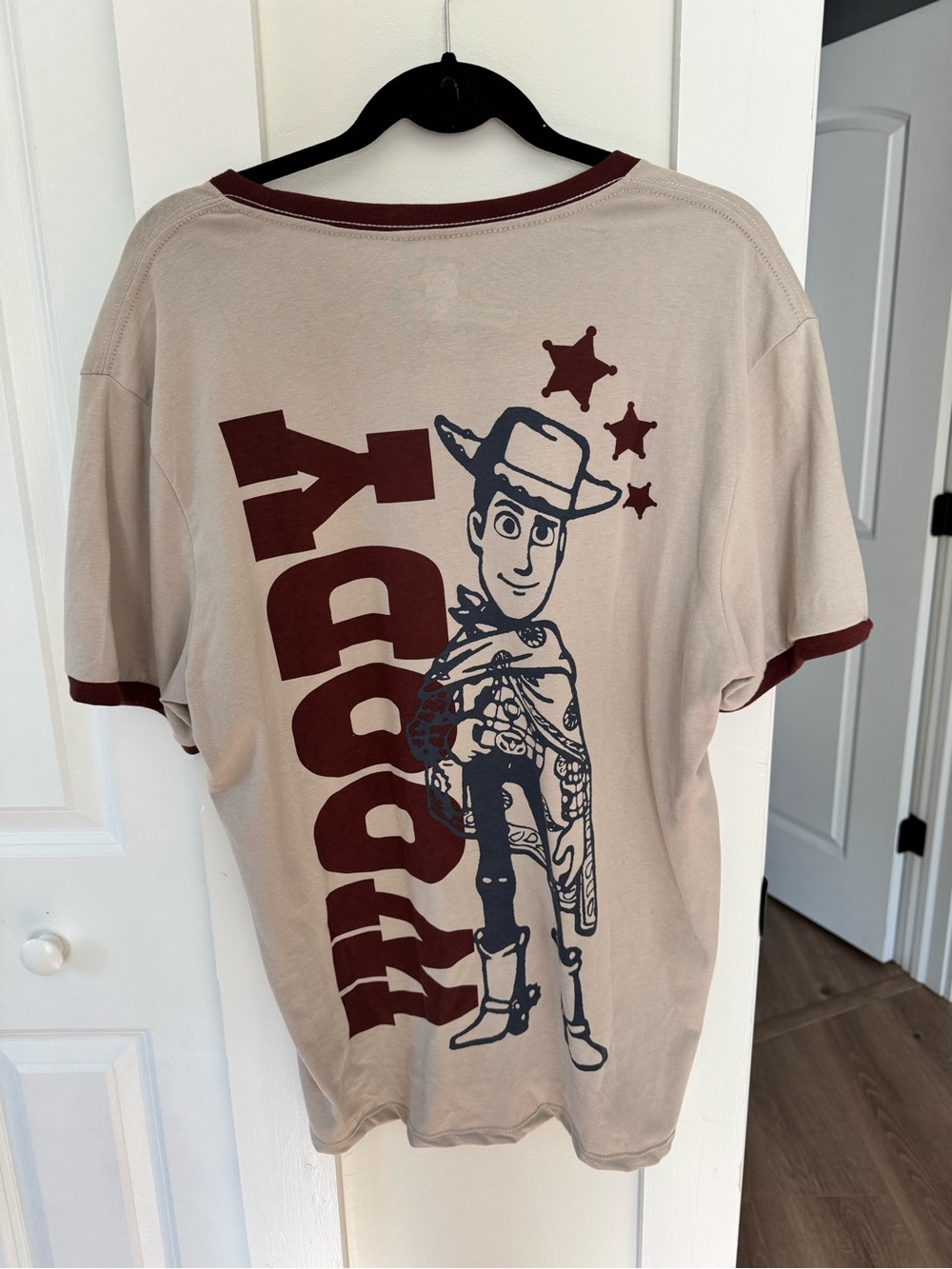 Disney Beige Woody Ringer Tee with Maroon Accents Toy Story 5 Woody